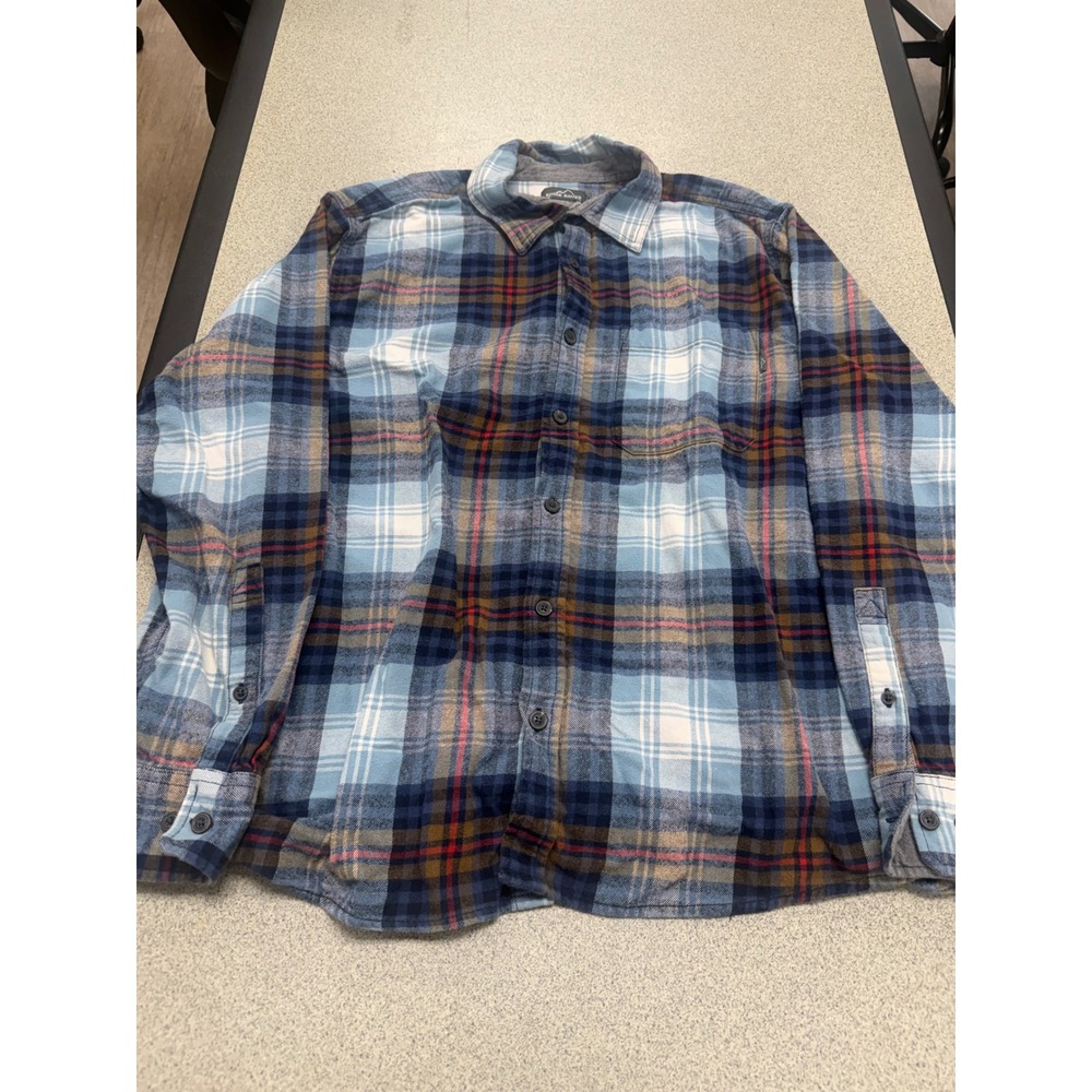 Eddie Bauer Mens XL Blue Brown Plaid Flannel Long Sleeve Button Down Shirt